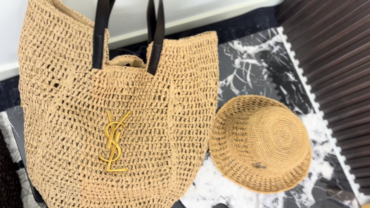 YSL Natural Straw Woven Tote with Black Handles