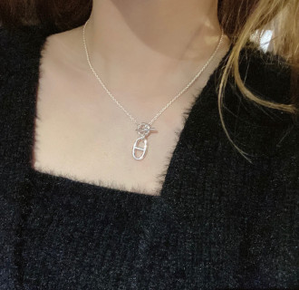 Silver Oval Link Chain Pendant Necklace view 4