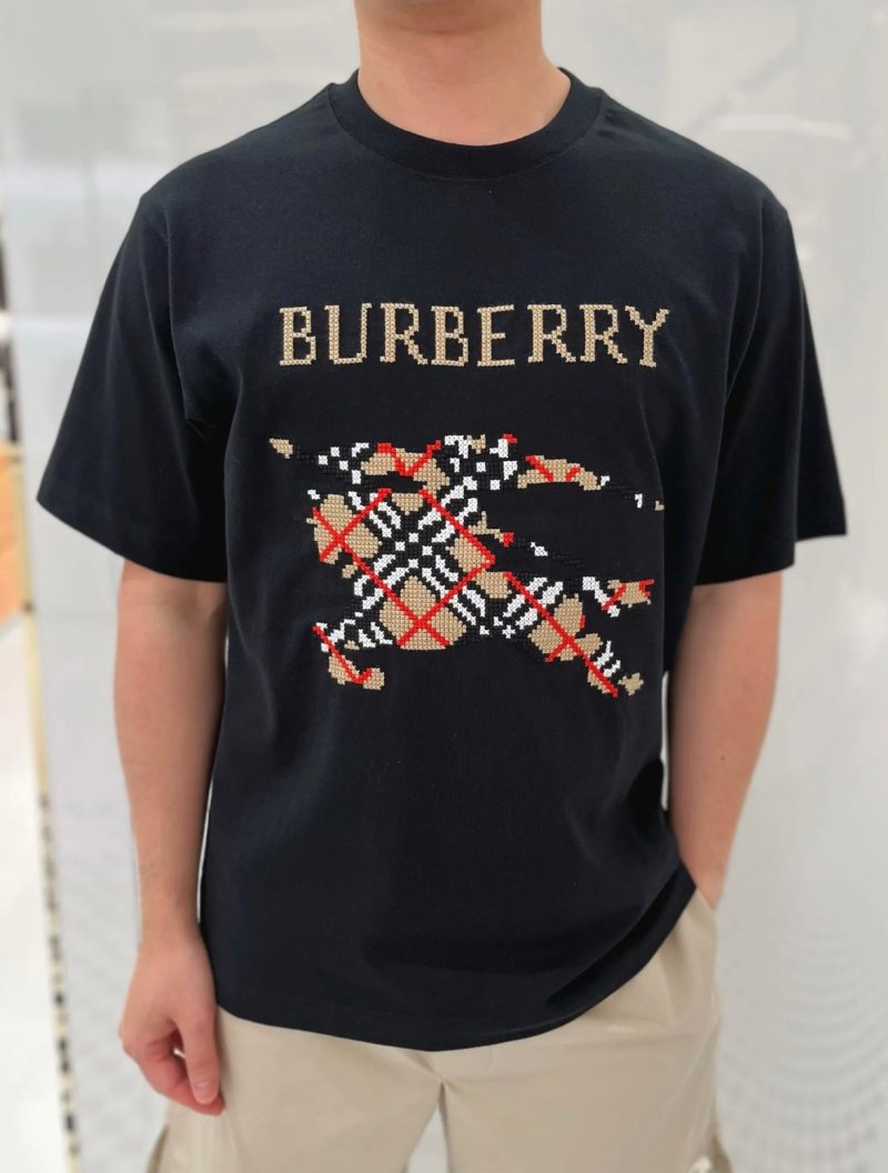 Burberry Black Short Sleeve T-Shirt with Embroidered Plaid Logo