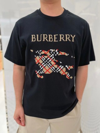 Burberry Black Short Sleeve T-Shirt with Embroidered Plaid Logo