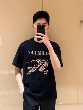 Burberry Black Short Sleeve T-Shirt with Embroidered Plaid Logo view 2