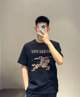 Burberry Black Short Sleeve T-Shirt with Embroidered Plaid Logo view 3