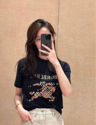 Burberry Black Short Sleeve T-Shirt with Embroidered Plaid Logo view 4