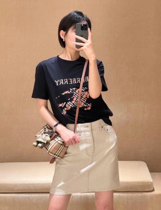 Burberry Black Short Sleeve T-Shirt with Embroidered Plaid Logo view 5