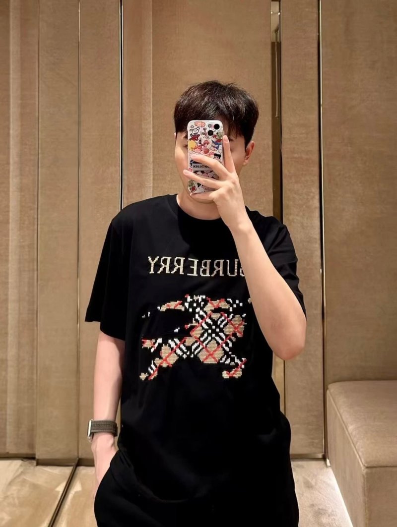 Burberry Black Short Sleeve T-Shirt with Embroidered Plaid Logo view