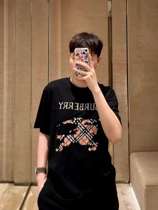 Burberry Black Short Sleeve T-Shirt with Embroidered Plaid Logo view 6