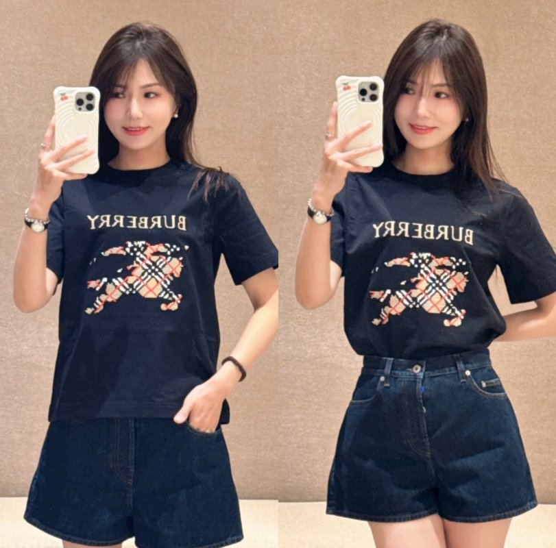 Burberry Black Short Sleeve T-Shirt with Embroidered Plaid Logo view