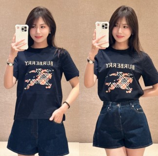 Burberry Black Short Sleeve T-Shirt with Embroidered Plaid Logo view 8