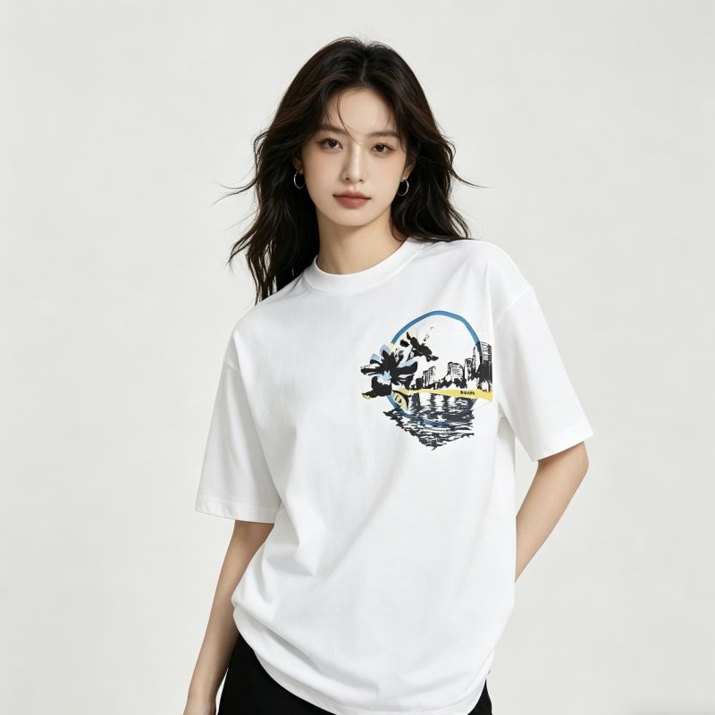 White Graphic Circle T-Shirt with Urban Skyline Print