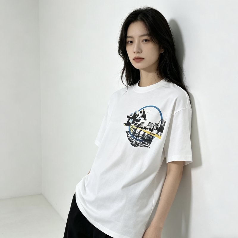 White Graphic Circle T-Shirt with Urban Skyline Print view