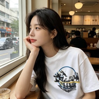 White Graphic Circle T-Shirt with Urban Skyline Print view 5