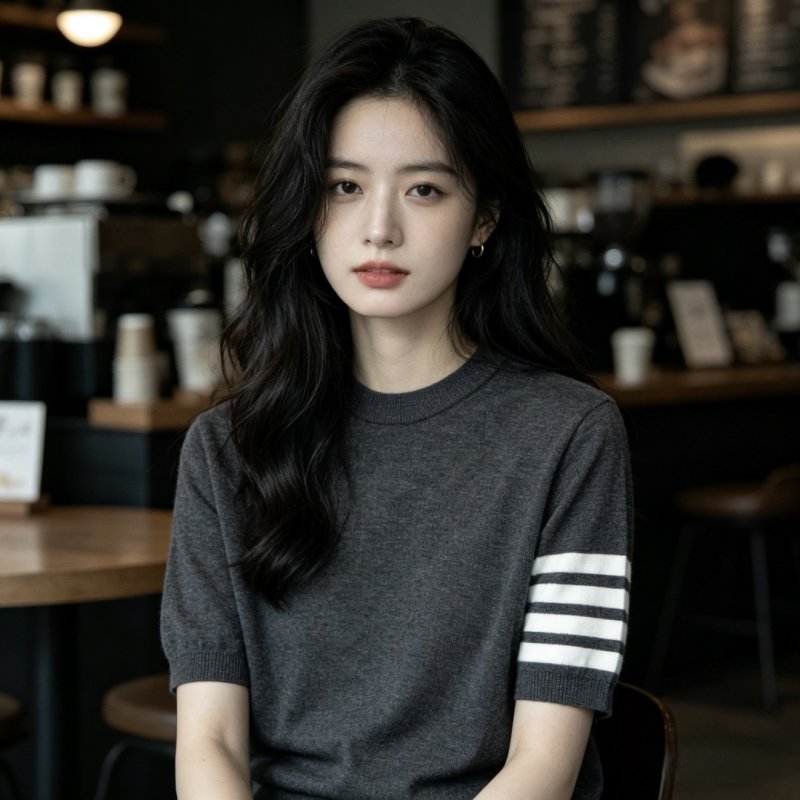 Charcoal Grey Crewneck T-Shirt with Stripe Sleeve Detail
