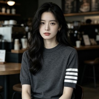 Charcoal Grey Crewneck T-Shirt with Stripe Sleeve Detail view 1