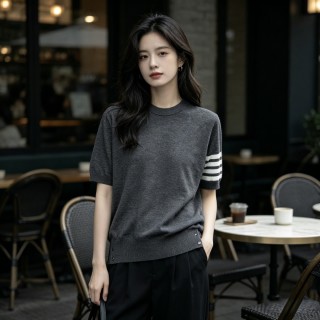 Charcoal Grey Crewneck T-Shirt with Stripe Sleeve Detail view 3