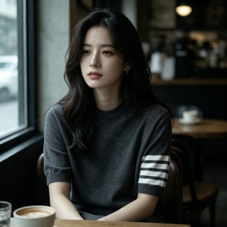 Charcoal Grey Crewneck T-Shirt with Stripe Sleeve Detail view 4