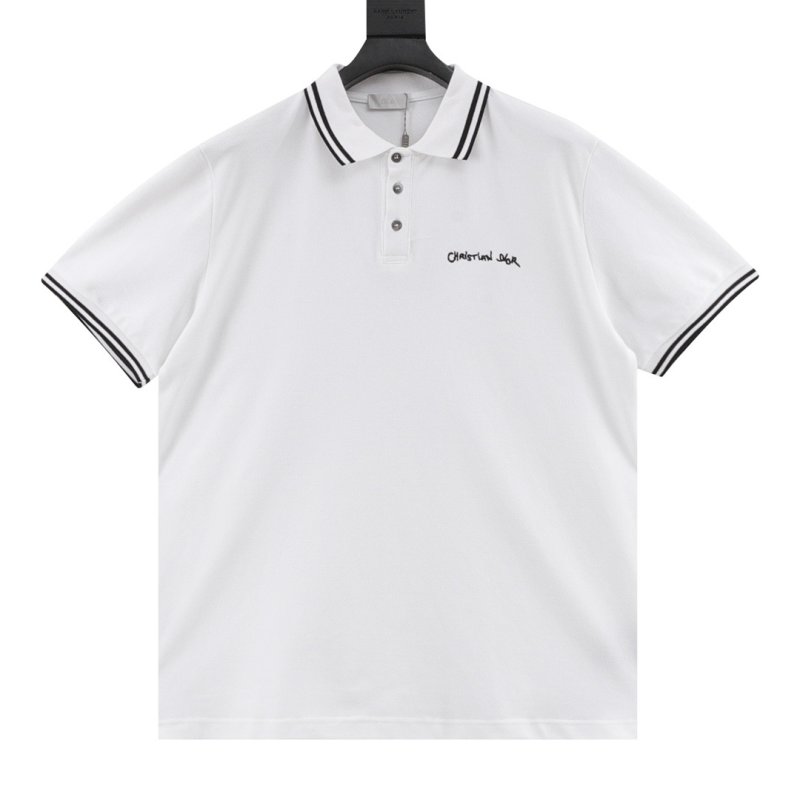 Dior Cursive Letter Embroidered Polo Shirt White