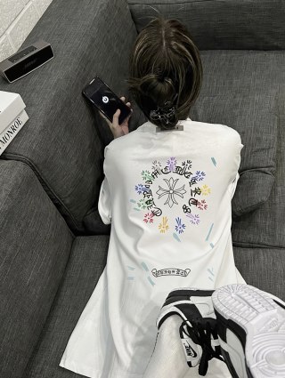 White Graphic Print Short Sleeve T-Shirt with Colorful Floral Design view 1