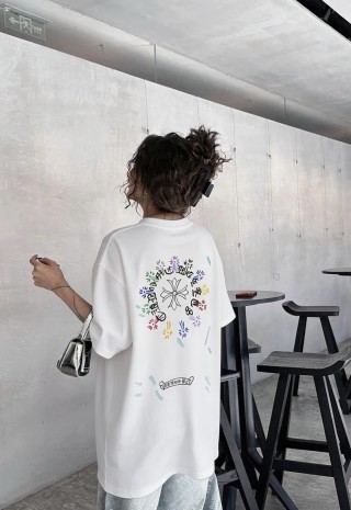 White Graphic Print Short Sleeve T-Shirt with Colorful Floral Design view 2