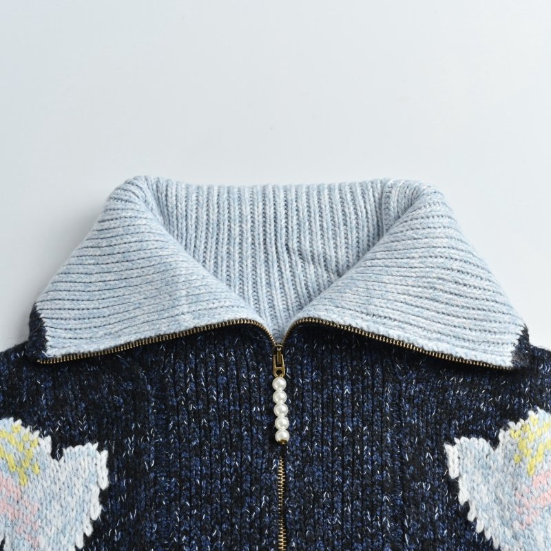 Black & Grey Heart Pattern Half-Zip Knit Sweater view
