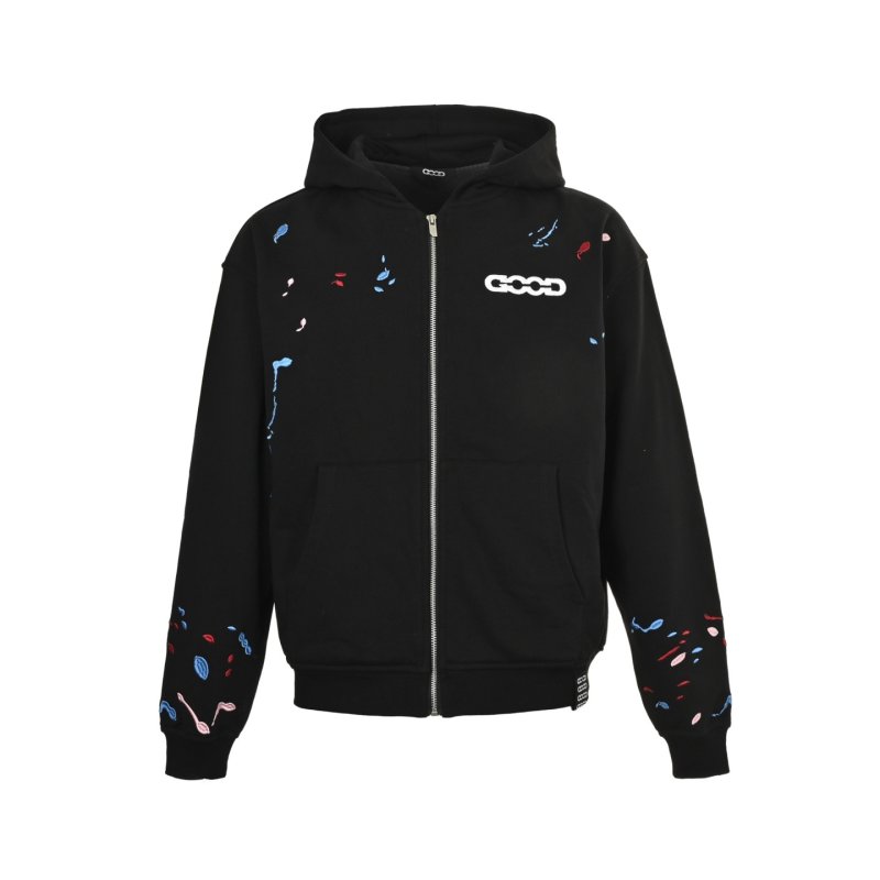 Black Embroidered Zip Hoodie with Colorful Accent Patches view