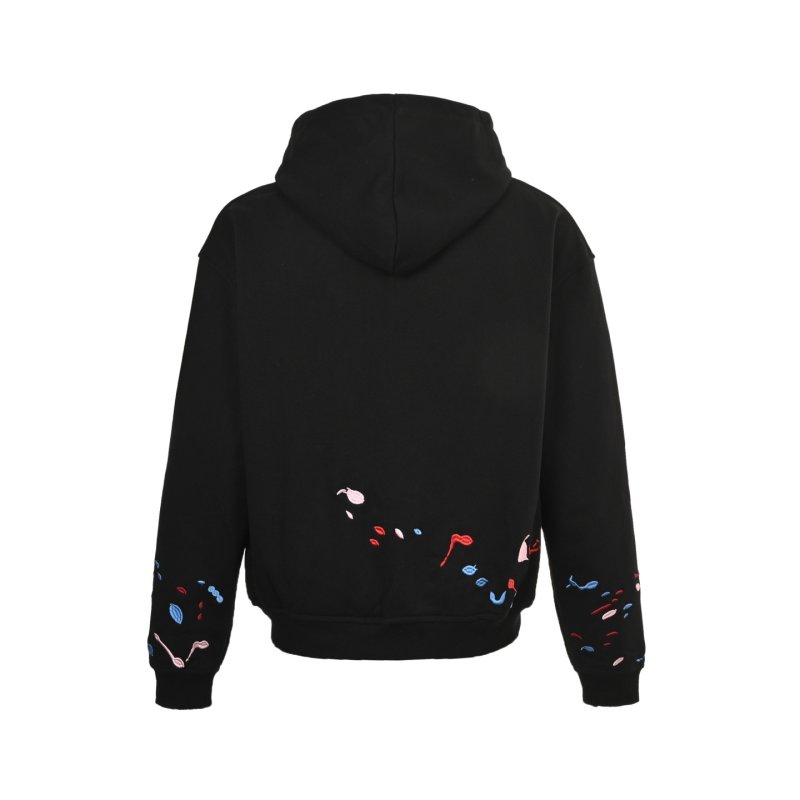 Black Embroidered Zip Hoodie with Colorful Accent Patches view