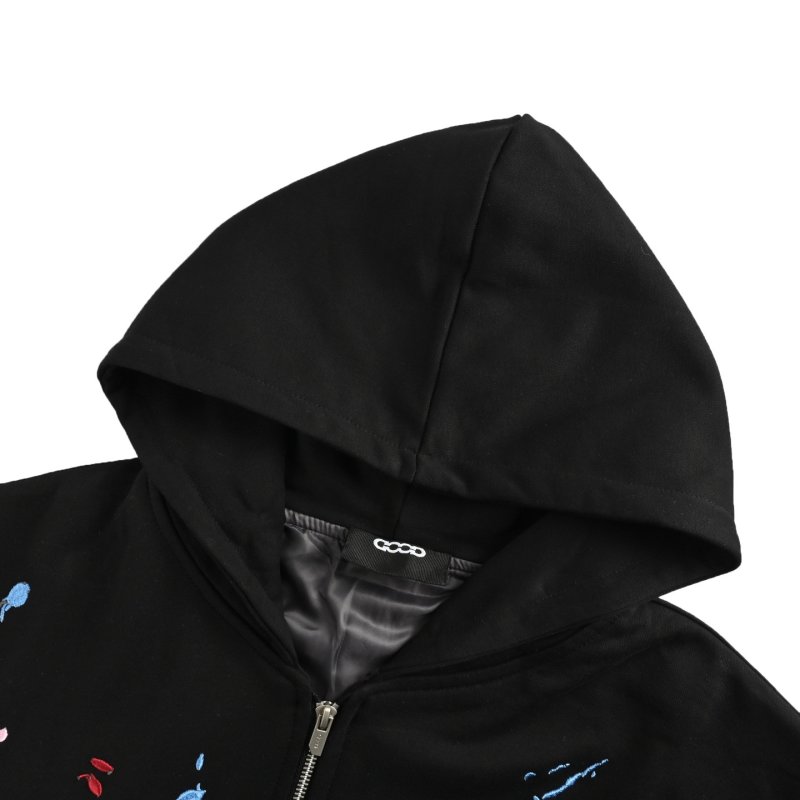 Black Embroidered Zip Hoodie with Colorful Accent Patches view
