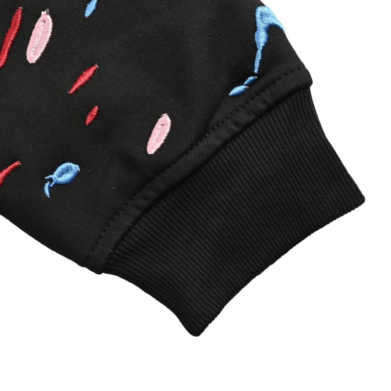 Black Embroidered Zip Hoodie with Colorful Accent Patches view
