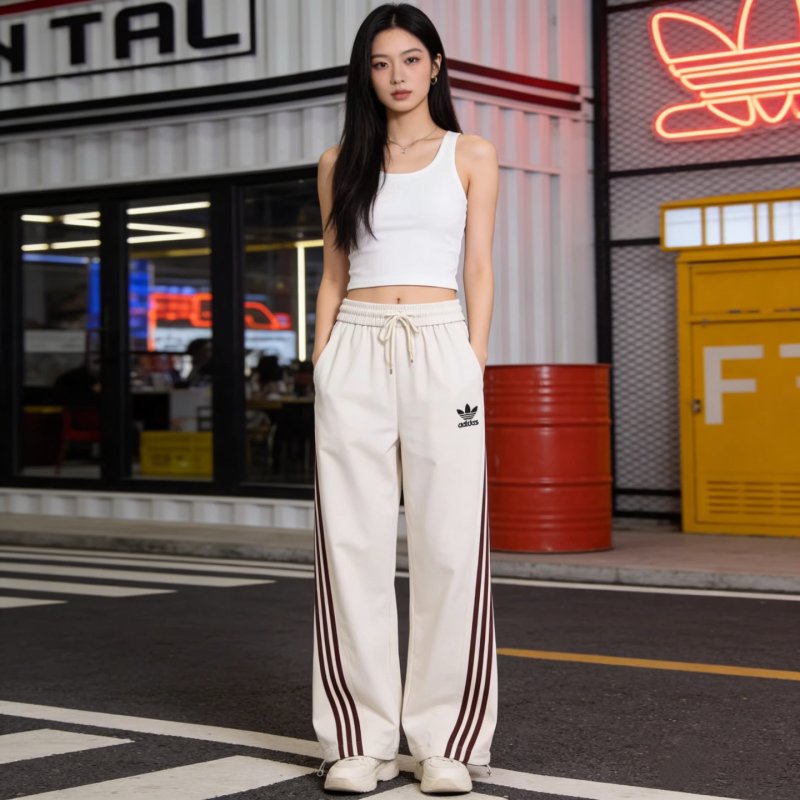 Adidas Women's Cream Wide-Leg Track Pants with Side Stripes