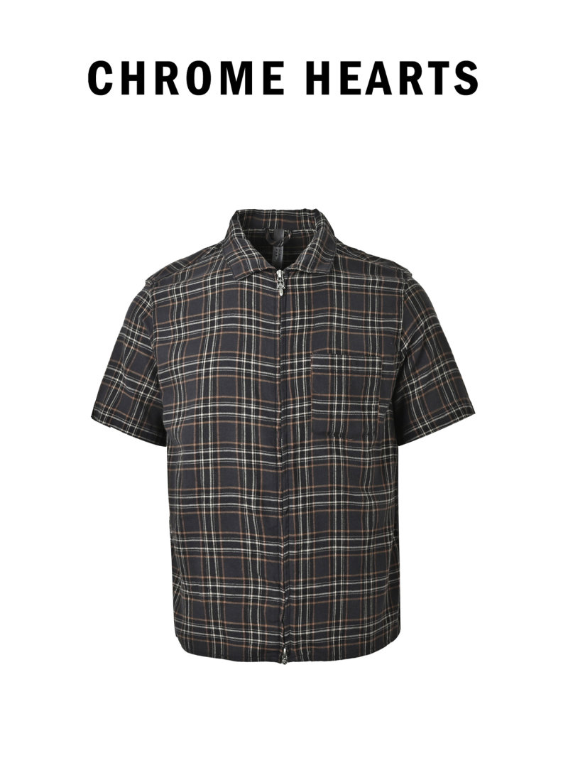 Black Plaid Short Sleeve Zip Shirt view