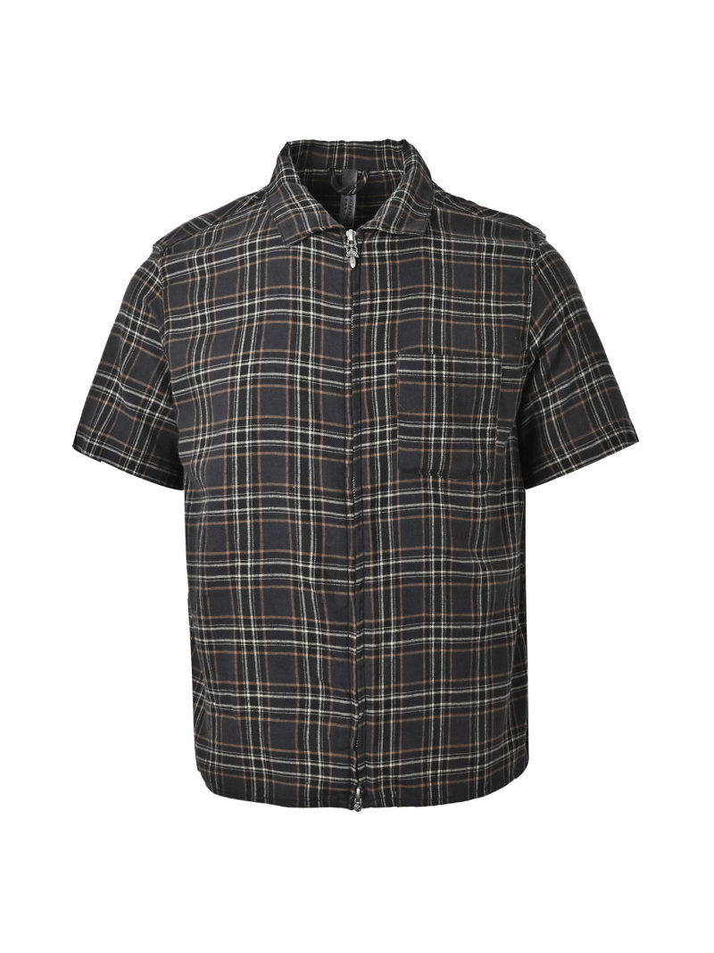 Black Plaid Short Sleeve Zip Shirt view