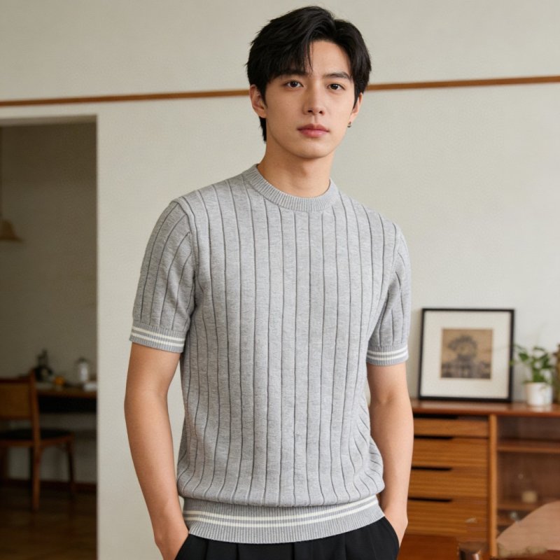 Grey Vertical Stripe Knit Sweater with Ribbed Trim
