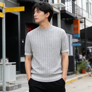 Grey Vertical Stripe Knit Sweater with Ribbed Trim view 2