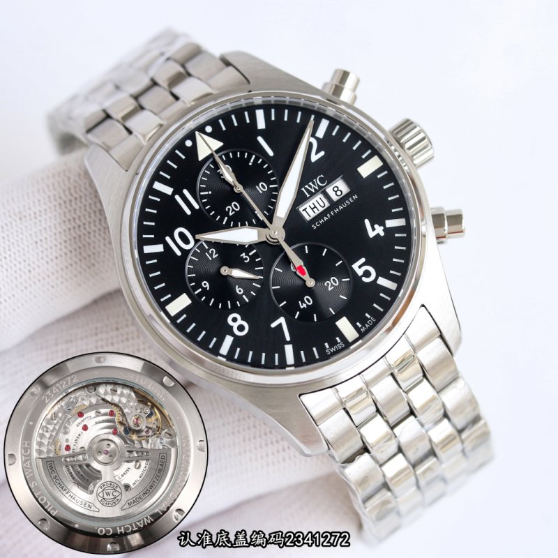 IWC Pilot Chronograph Steel Watch 43mm Black Dial