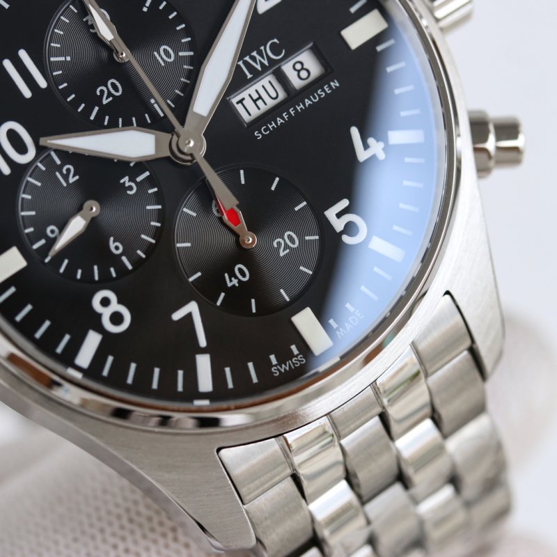 IWC Pilot Chronograph Steel Watch 43mm Black Dial view