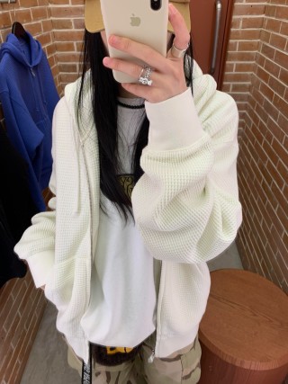 Cream Waffle Knit Zip Hoodie view 3