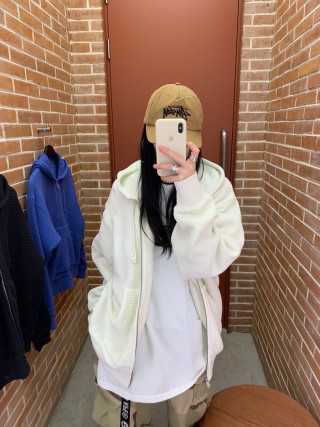Cream Waffle Knit Zip Hoodie view 5
