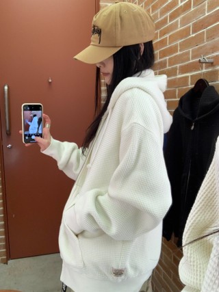 Cream Waffle Knit Zip Hoodie view 6