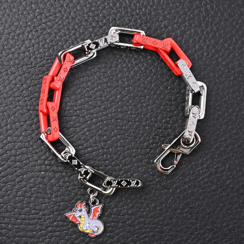 Louis Vuitton Monogram Chain Dragon Bracelet Red Silver