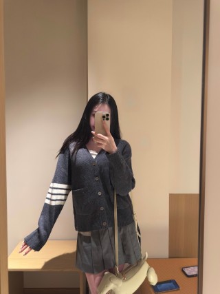 Charcoal Ribbed Cardigan with White Stripe Sleeves view 1