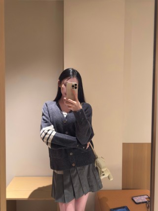 Charcoal Ribbed Cardigan with White Stripe Sleeves view 2