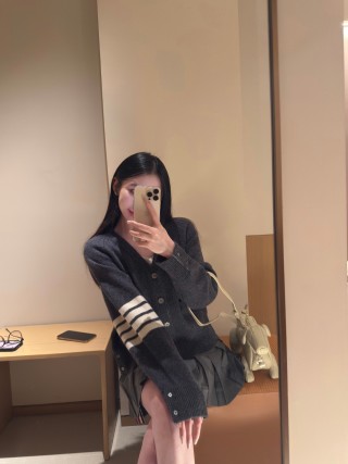 Charcoal Ribbed Cardigan with White Stripe Sleeves view 3