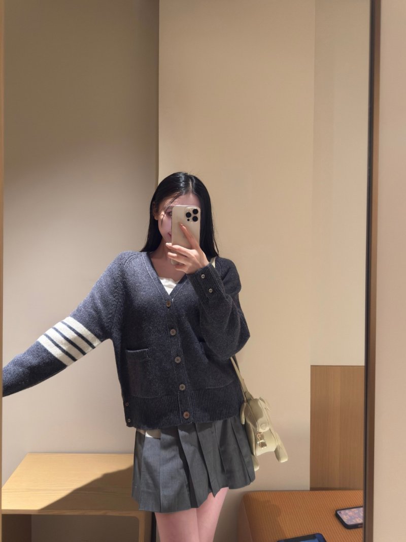 Charcoal Ribbed Cardigan with White Stripe Sleeves view
