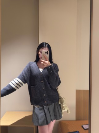 Charcoal Ribbed Cardigan with White Stripe Sleeves view 4