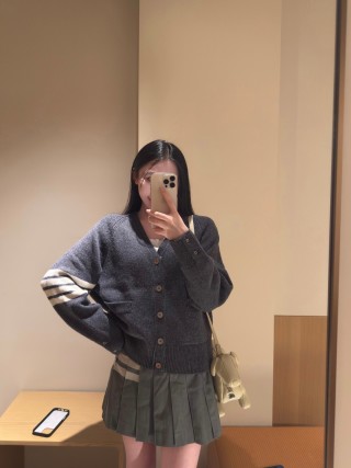 Charcoal Ribbed Cardigan with White Stripe Sleeves view 5