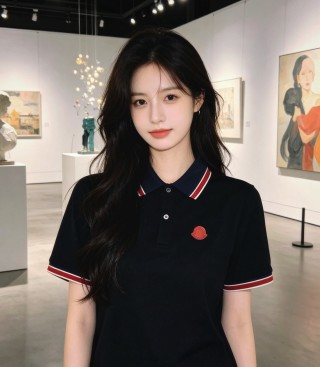 Moncler Black Polo Shirt with Red & White Stripe Trim view 2