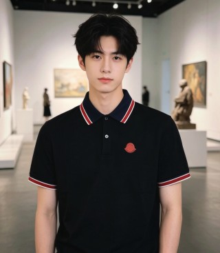 Moncler Black Polo Shirt with Red & White Stripe Trim view 5