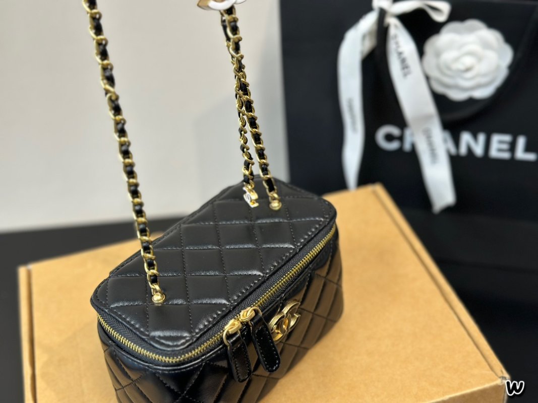 Chanel Black Quilted Box Bag with Gold Chain Strap view