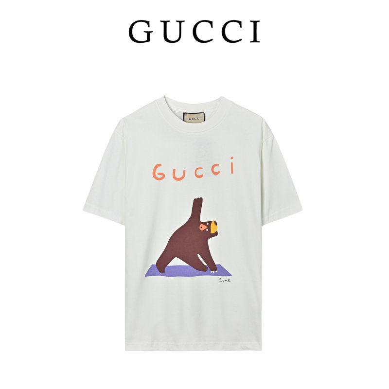 Gucci Graphic Print White T-Shirt with Brown Bear Design view
