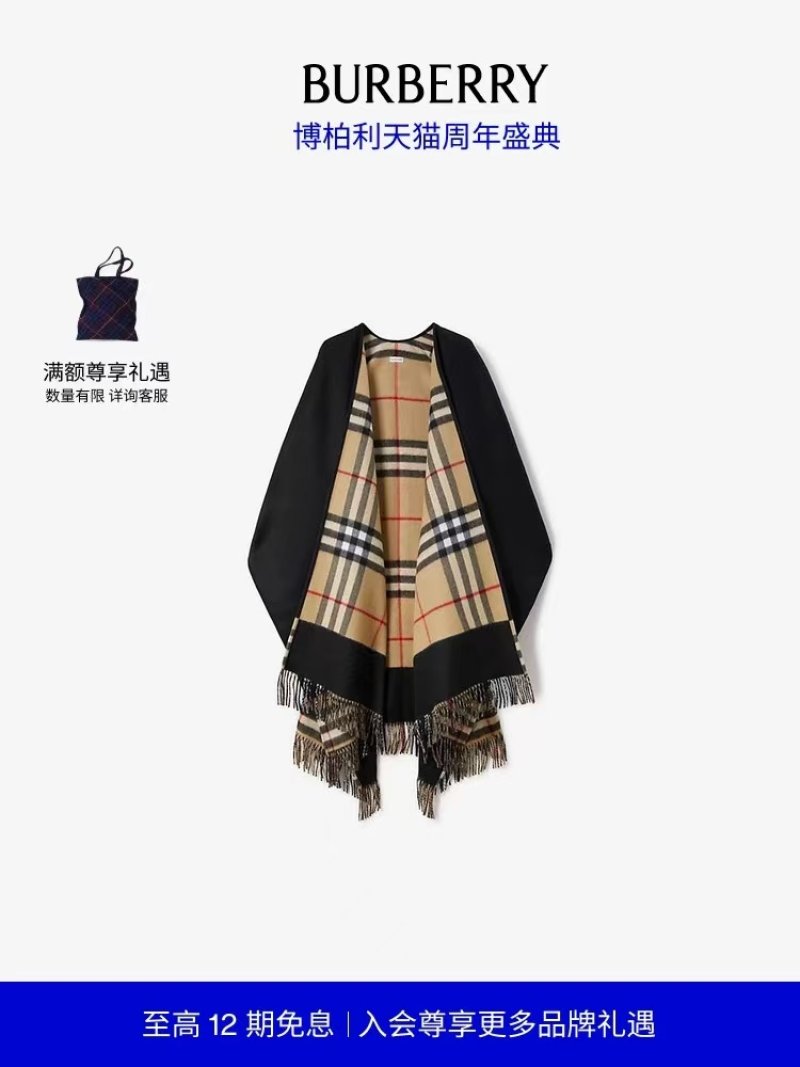 Burberry Check Cashmere Cape Wrap Black & Beige