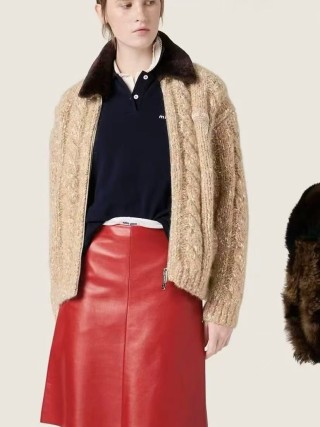 Miu Miu Beige Wool Cardigan Jacket with Mink Collar